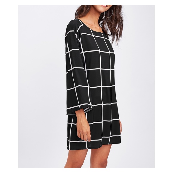LAST ONE! Black White 3/4 Sleeve Plaid Shift Dress - Picture 3 of 5